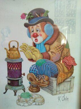 Vintage K Chin Hobo Clown Art, 1970's Clown Hobo Garbage Can Fire Framed Print